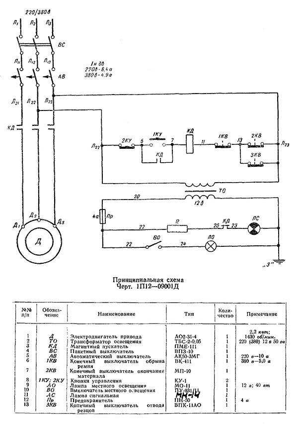 Схема електрична принципова токарно-подовжнього верстата автомата 1П12